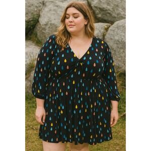 ModCloth Dress Womens Plus Size 1X Black Raindrop Print V Neck Midi‎